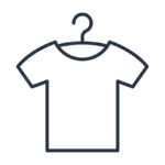 A simplistic outline rendering of a t-shirt on a hanger.