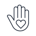 A simplistic outline rendering of a hand. A heart lies in the middle of the palm.
