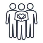 A simplistic outline rendering of a three people. The center one holds a heart in their hands.