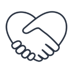 A simplistic outline rendering of a two hands shaking, forming the shape of a heart.