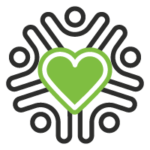 A graphic of a green heart with a white outline of a heart inside of it, surrounded by simplistic line drawings of people raising their hands.