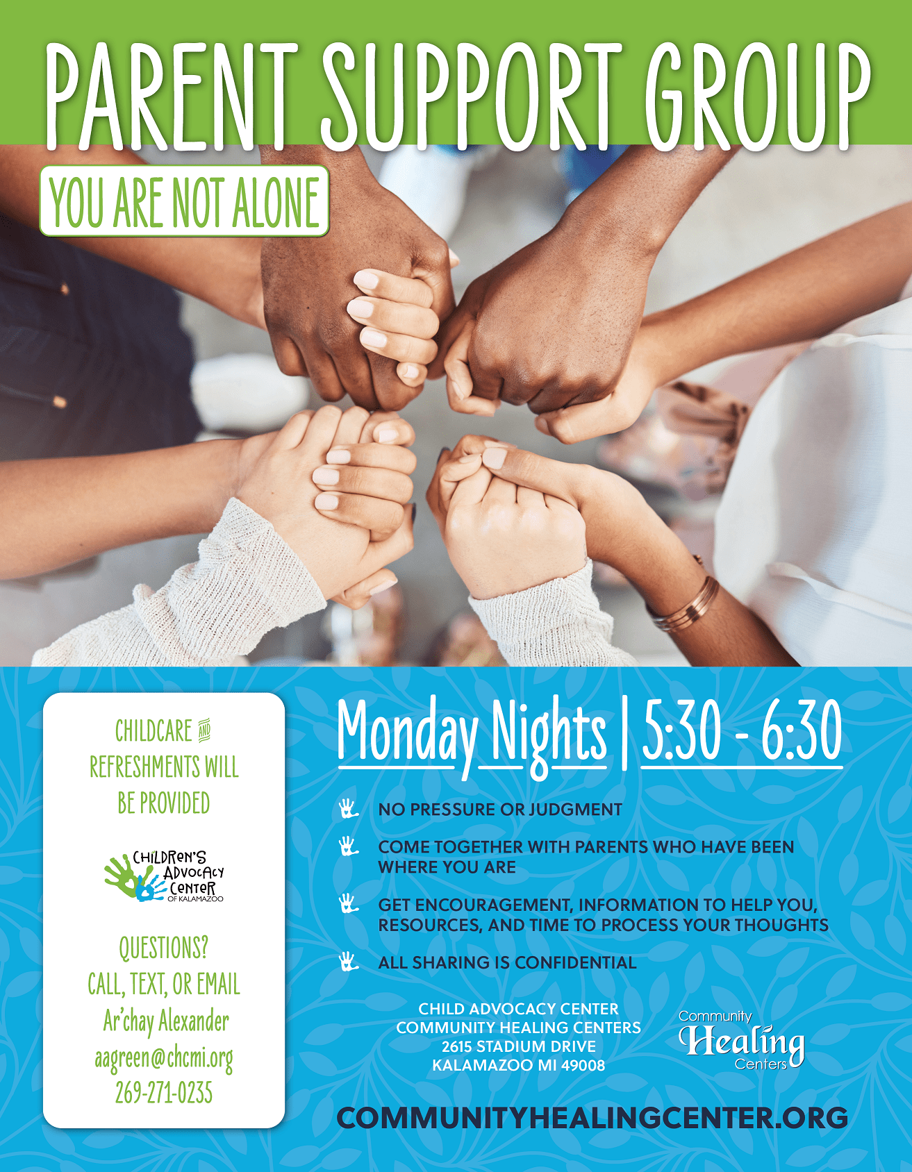 A flyer for parent support groups at Community Healing Center.